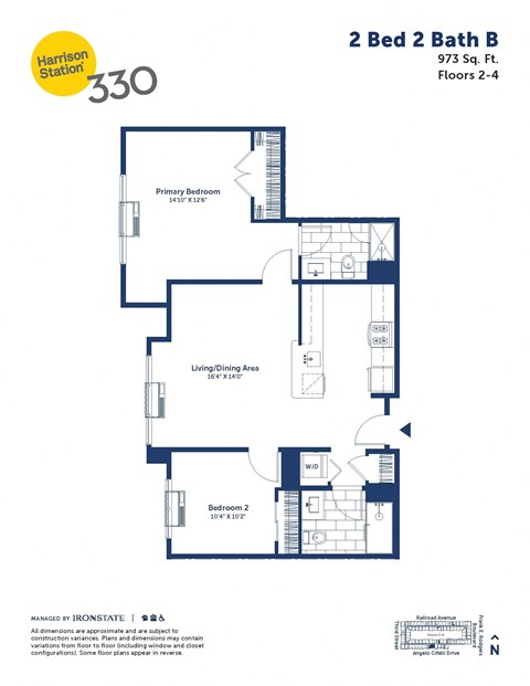 Floor plan for 2 beds, 2 baths, 973 sqft
